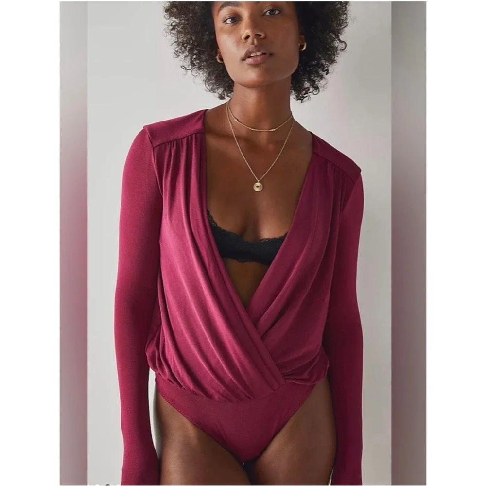 Free People Turnt Bodysuit Maroon Plunging‎ V-Neck Long Sleeve Draped Wrap Top S